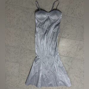 Fashion Nova Metallic Silver faux leather Caught Your Eye Gown Size M NWT